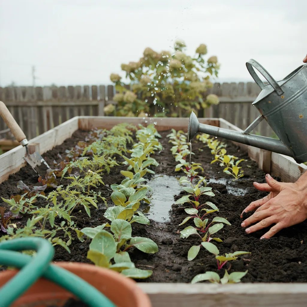 A gardener checking a garden bed for standing water after rain