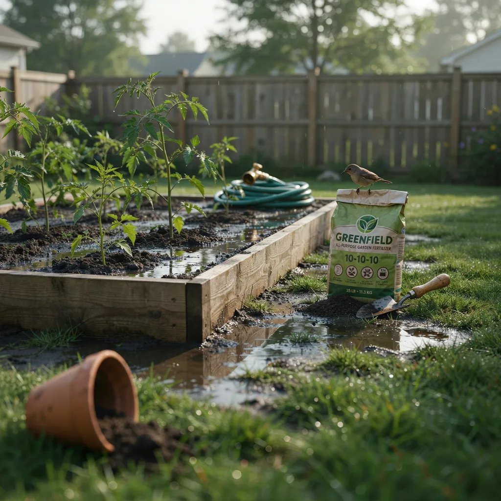 A bag of fertilizer set aside next to a still-wet, recently flooded garden bed