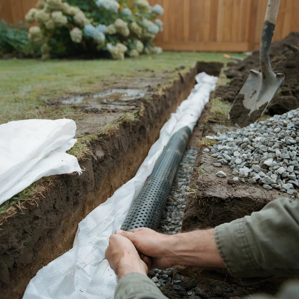 A French drain trench being installed in a garden low spot