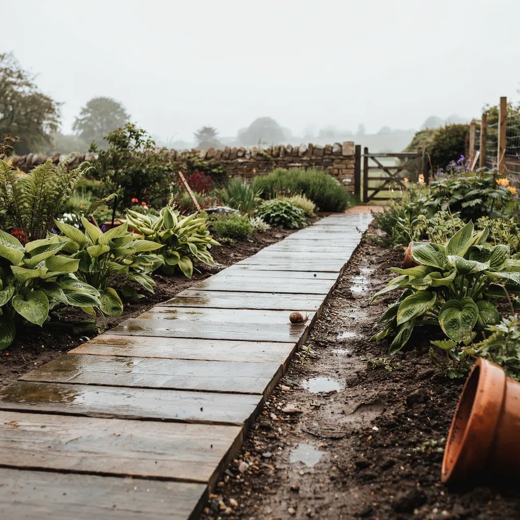 A wooden garden path crossing a muddy, saturated garden bed to avoid foot traffic on wet soil