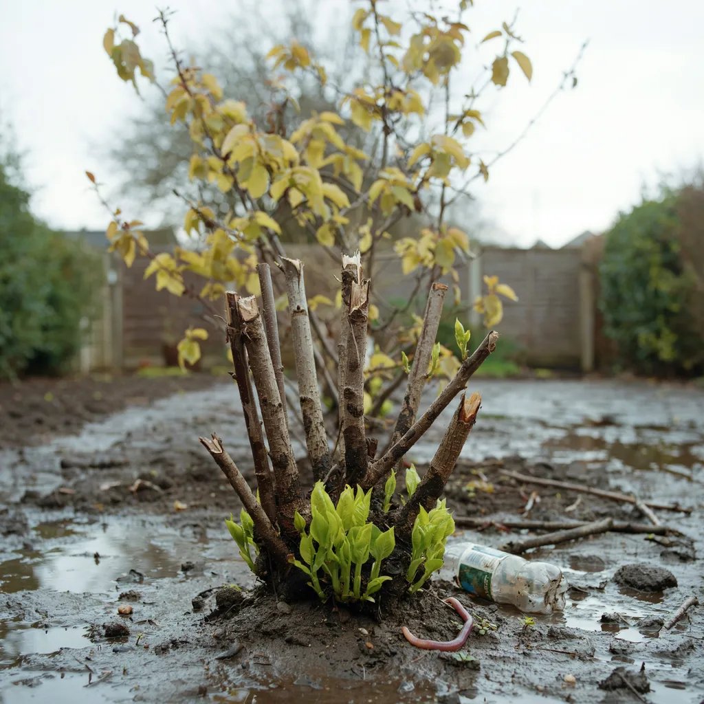 A flood-damaged shrub showing fresh new green growth emerging from its base