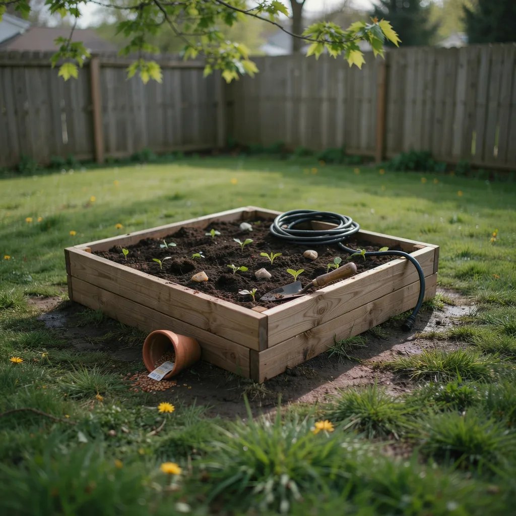 A raised garden bed built in a low-lying area of a yard
