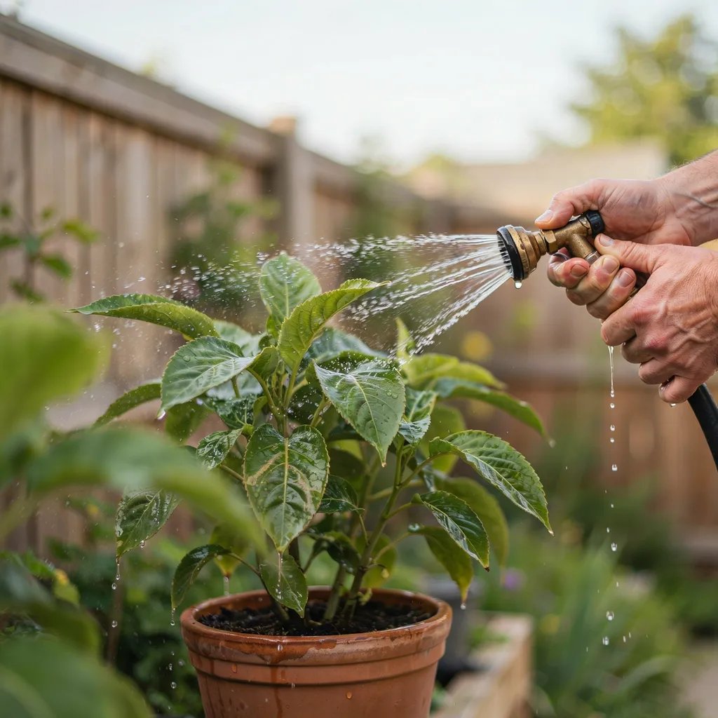 A gentle hose spray rinsing dried silt off plant leaves