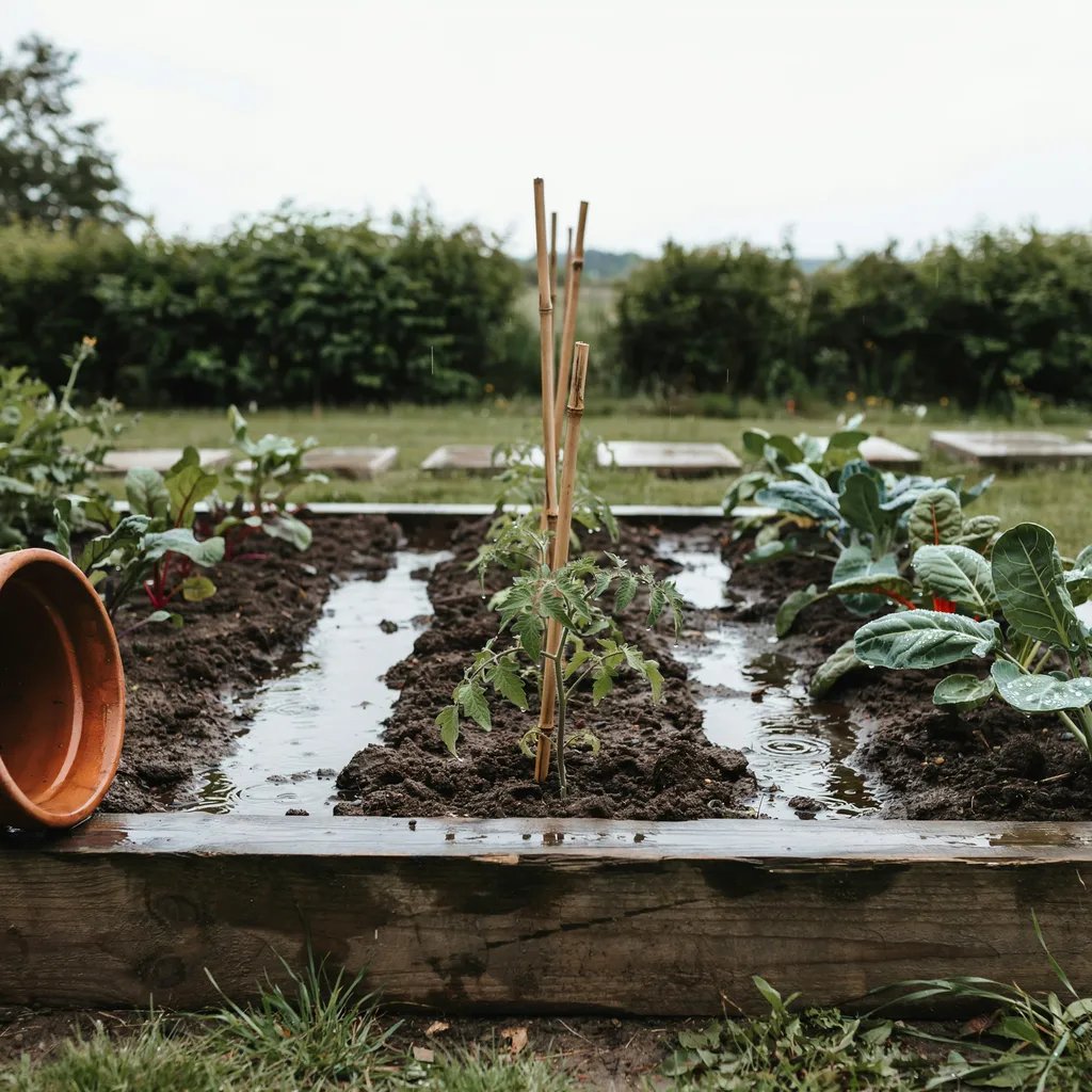 A garden bed with standing water pooling after heavy rain
