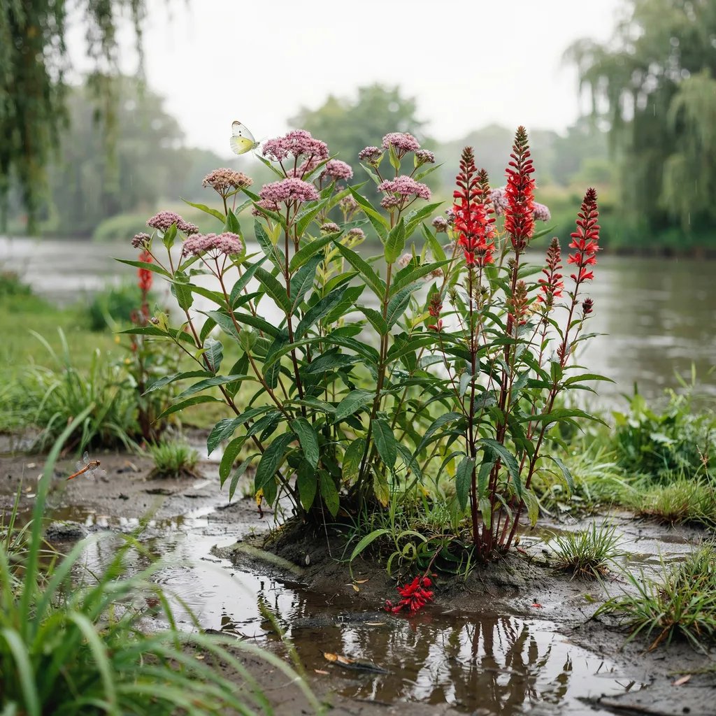 Swamp milkweed and cardinal flower planted together in a flood-prone garden area