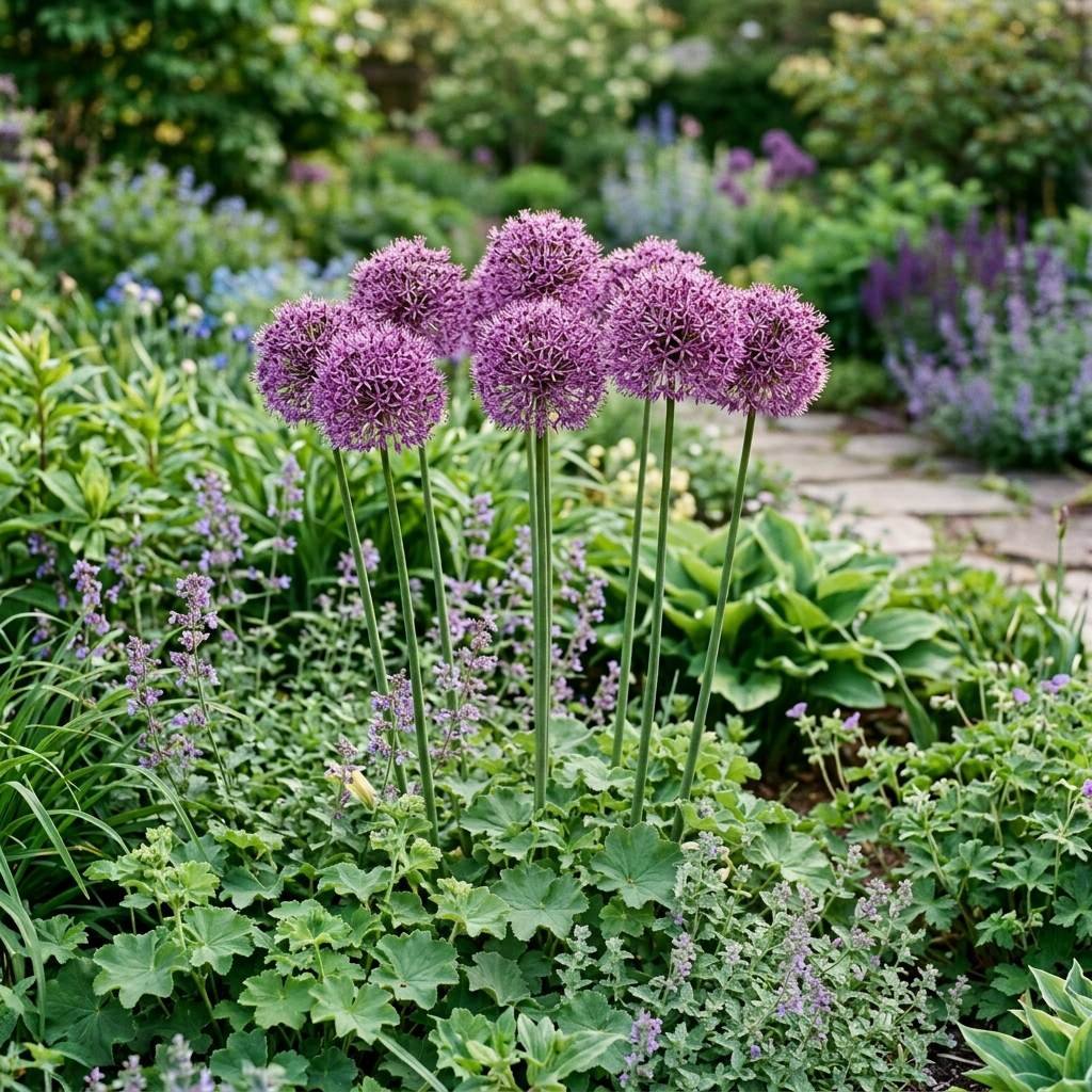 Globe-shaped purple alliums flowering in an early-season garden border