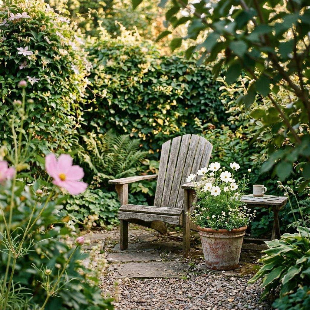 A chair used as a foreground framing element in a backyard garden photograph