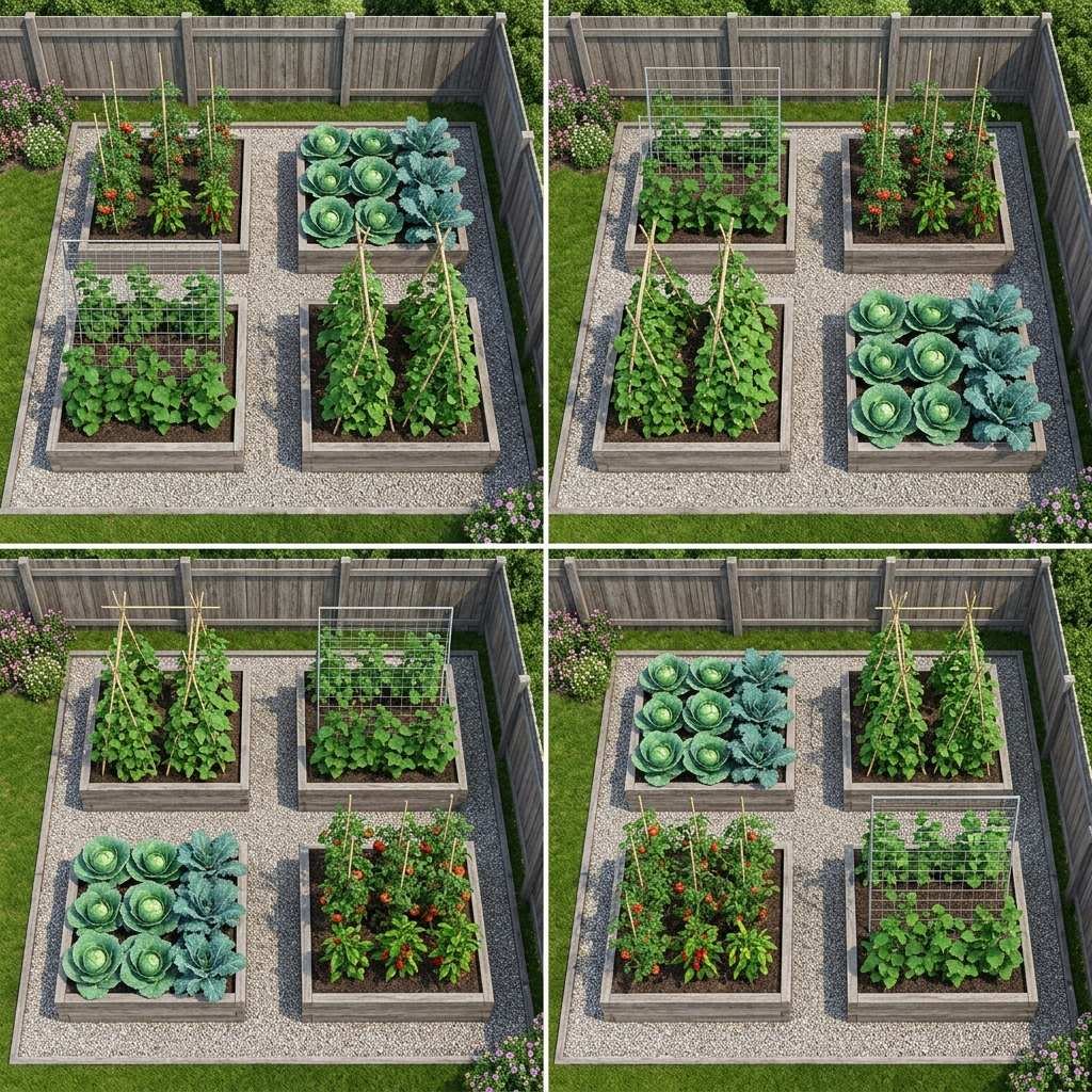 A visualization of a four-year crop rotation cycle across vegetable garden beds