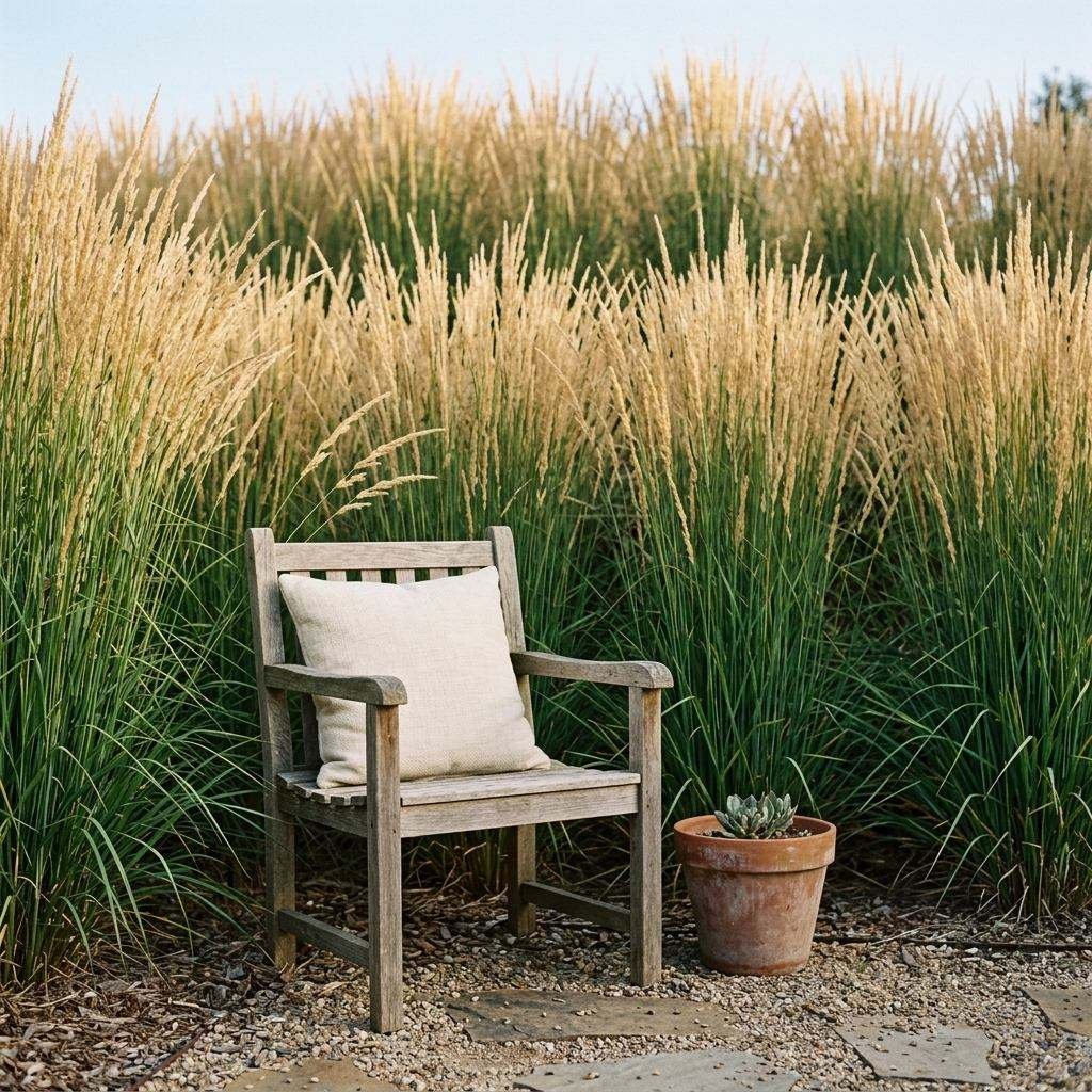 Garden seating photographed against a single dominant ornamental grass backdrop