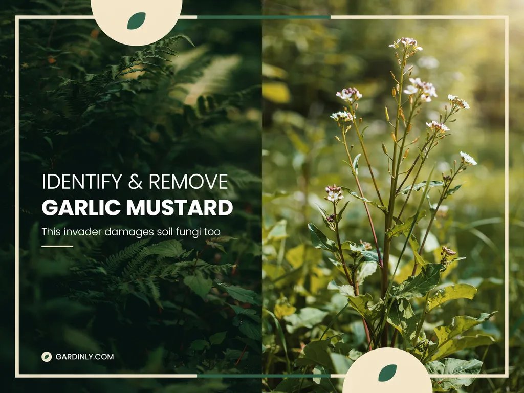 Garlic mustard plants with characteristic heart-shaped leaves invading a woodland area