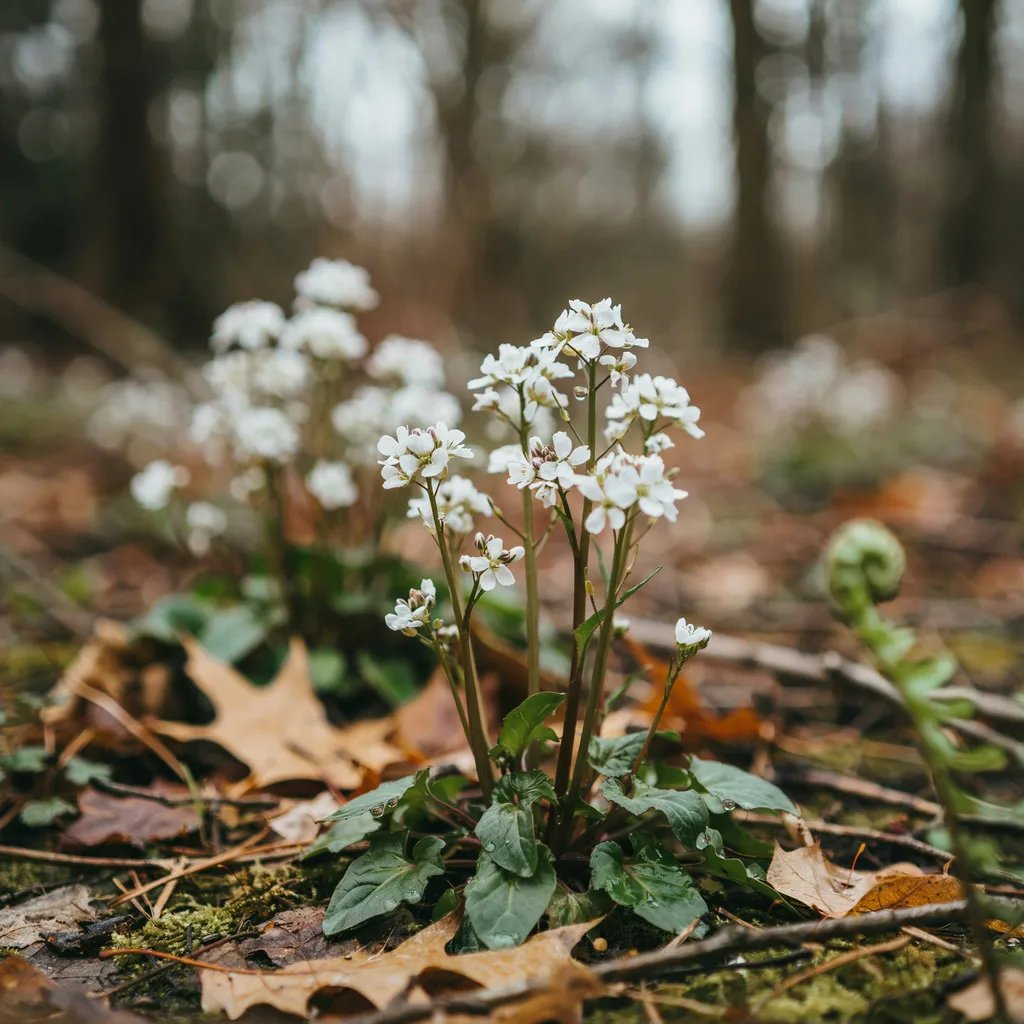 Small white four-petaled garlic mustard flowers blooming in a woodland garden