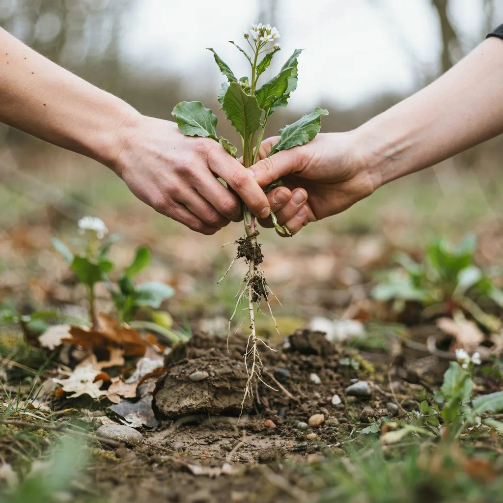 Hands pulling a garlic mustard plant to show the complete root system removed