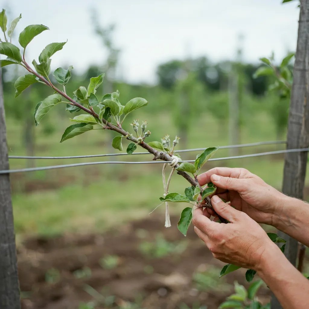 A young apple tree branch being gently bent and trained horizontally along a wire