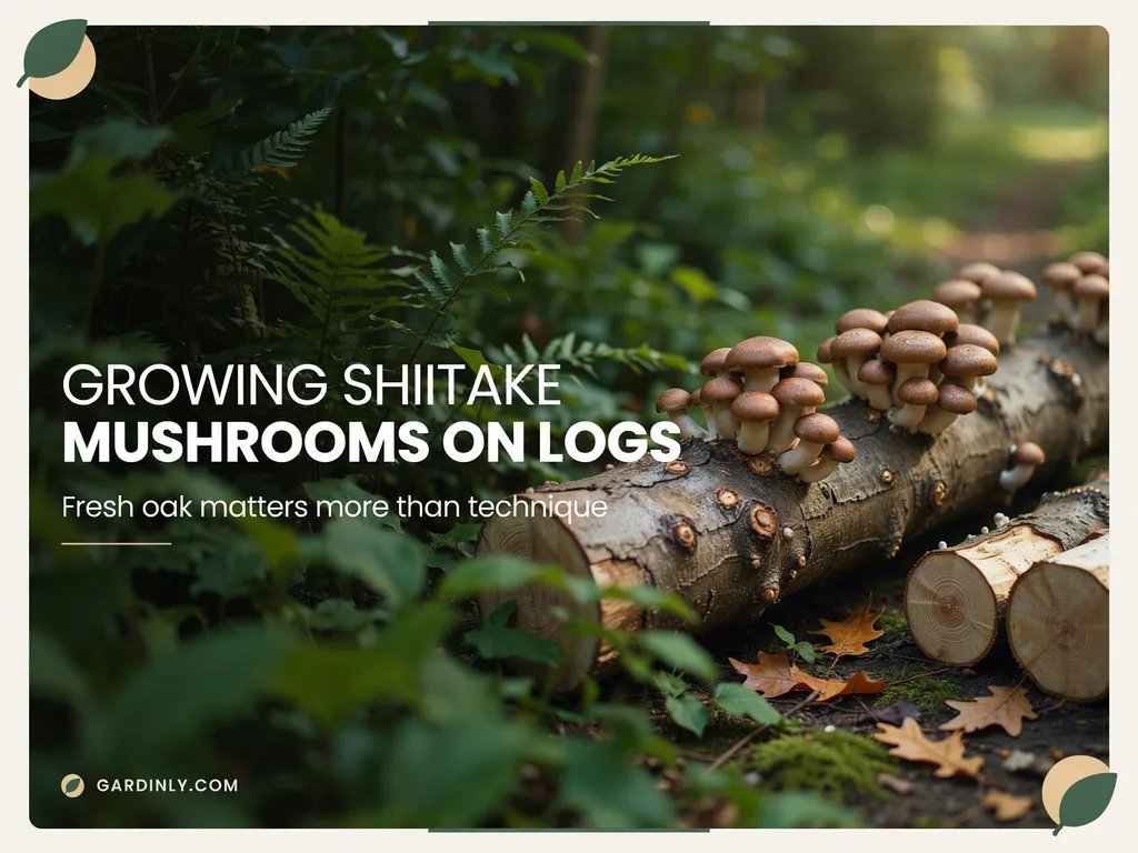 Shiitake mushrooms fruiting from an inoculated hardwood log