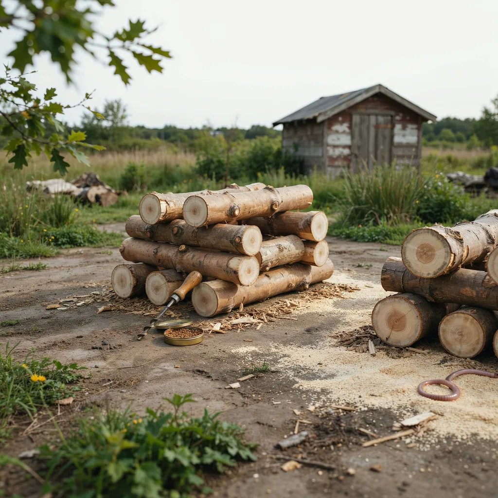 Freshly cut oak log sections ready for shiitake mushroom inoculation