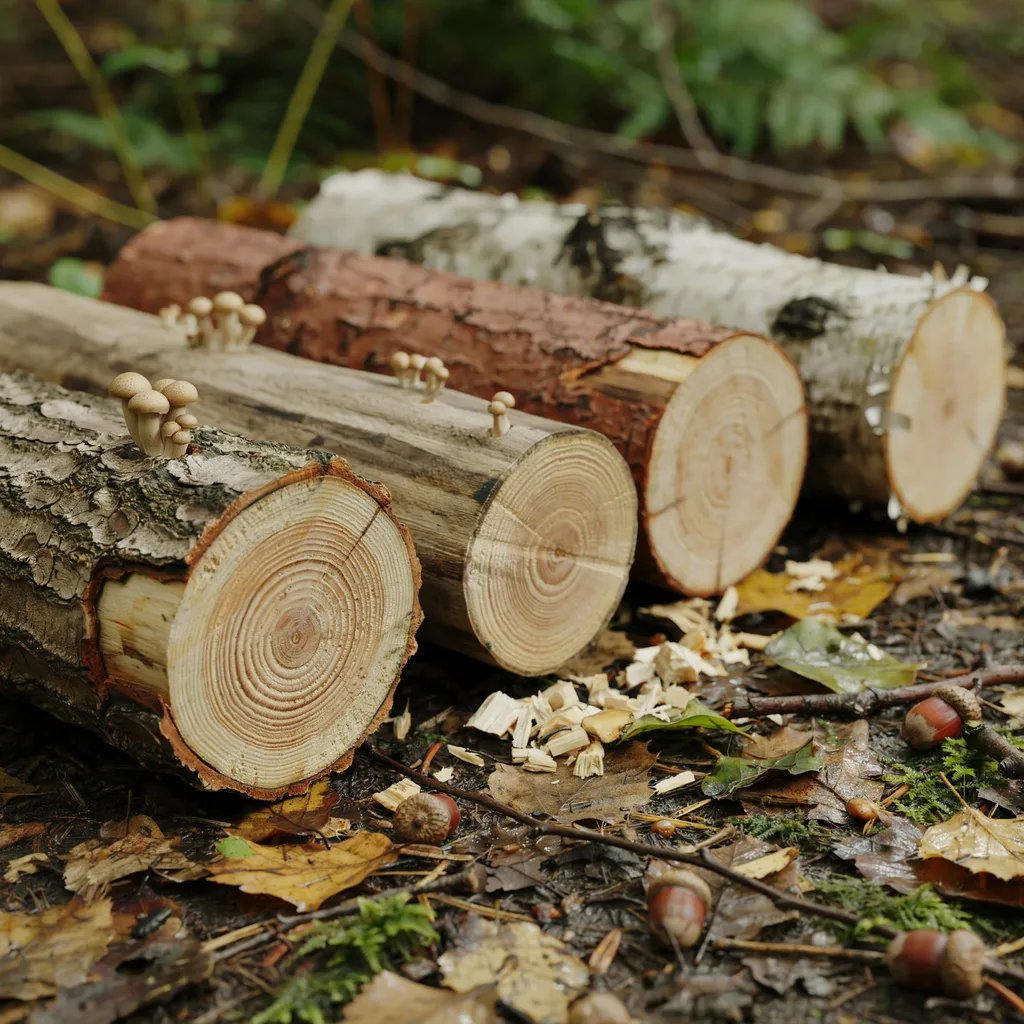 Several hardwood log types including oak being compared for shiitake growing suitability