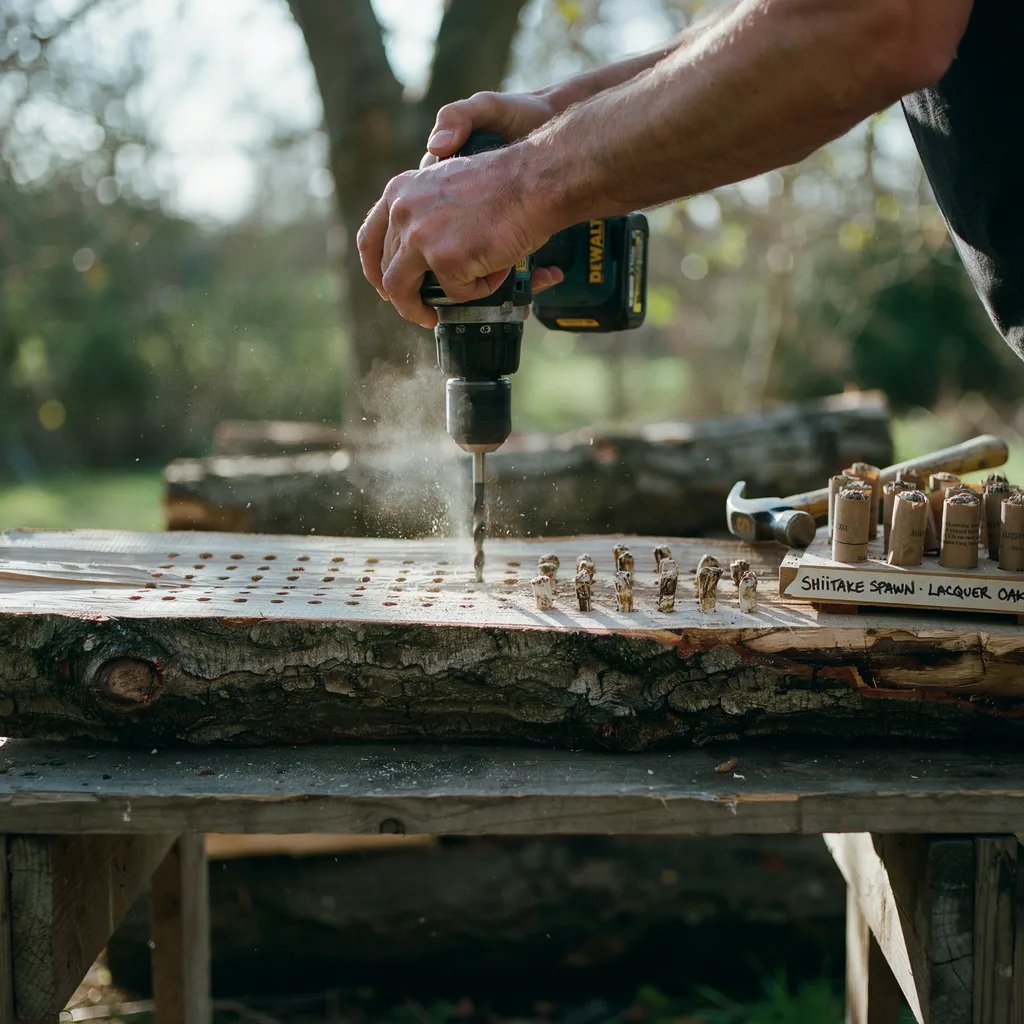 A drill creating a diamond pattern of holes in a hardwood log for shiitake spawn plugs