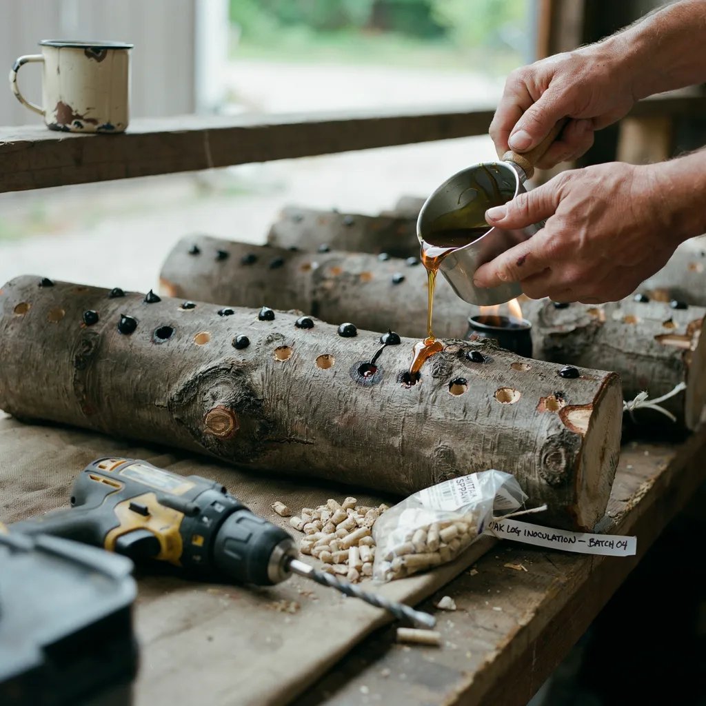 Melted wax being applied over drilled holes in a log to seal shiitake inoculation points