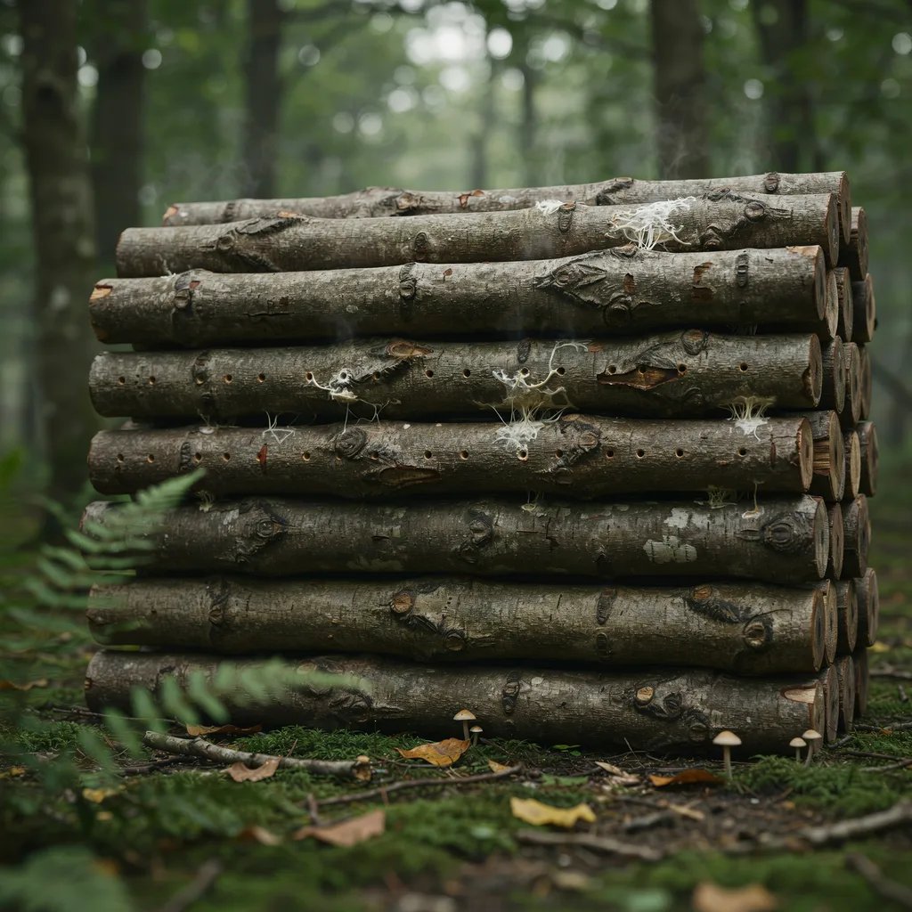 Inoculated hardwood logs stacked in a shaded, moist outdoor area during incubation