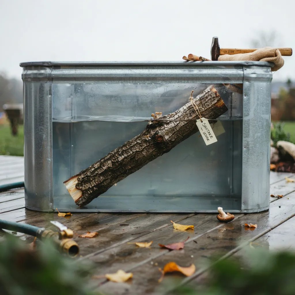 A hardwood log submerged in a tub of cold water to trigger shiitake mushroom fruiting