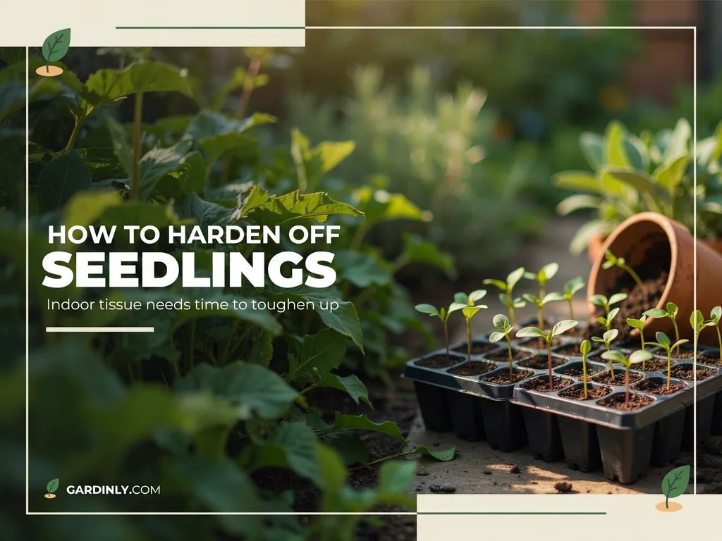 Seedling trays sitting outside in partial shade during the hardening off process