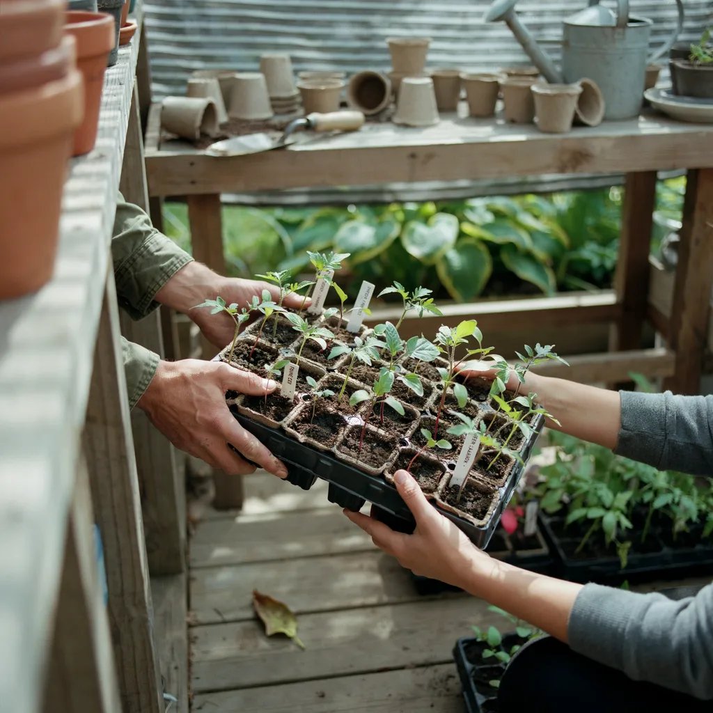 Seedling trays being carried from indoors out to an outdoor shaded area
