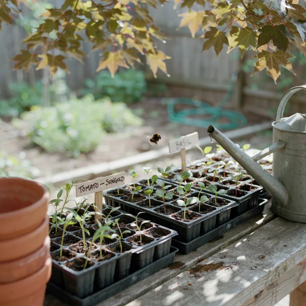 Seedling trays sitting outside in partial shade for their first brief outdoor exposure
