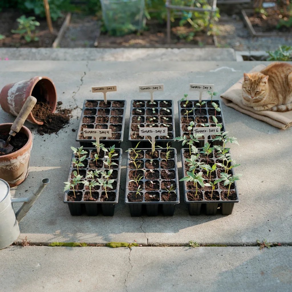 Seedling trays positioned in gradually increasing sunlight across a patio over several days