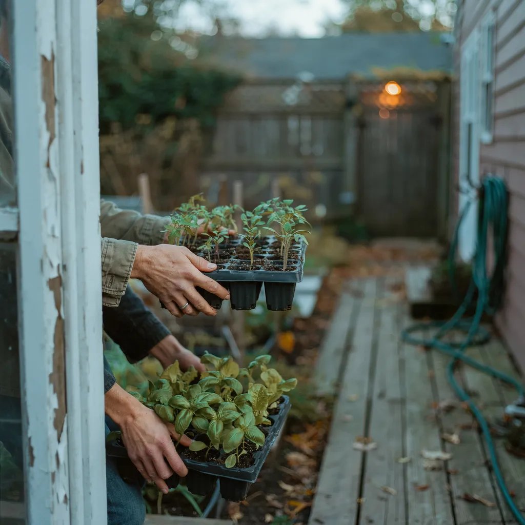 Seedling trays being carried back indoors in the evening