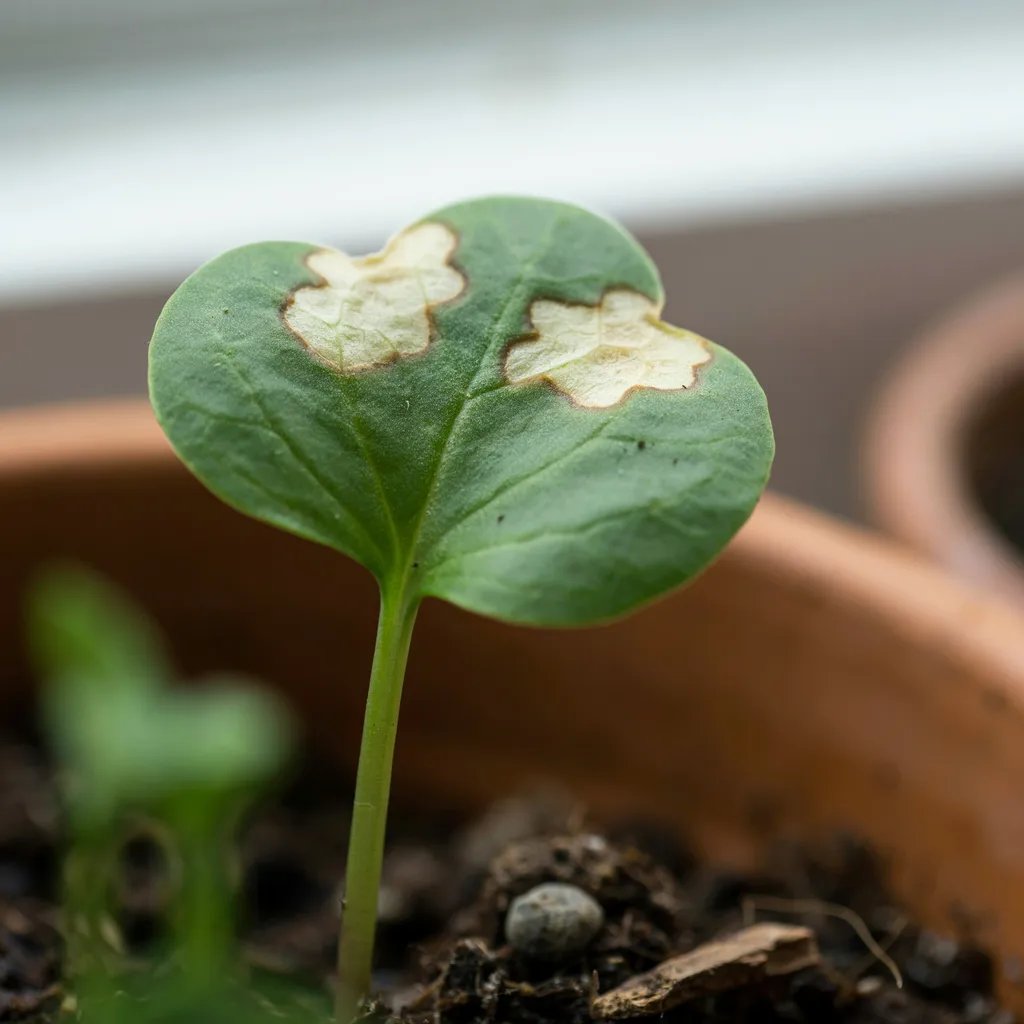 Close-up of a seedling leaf showing pale scorched patches from too much sun exposure