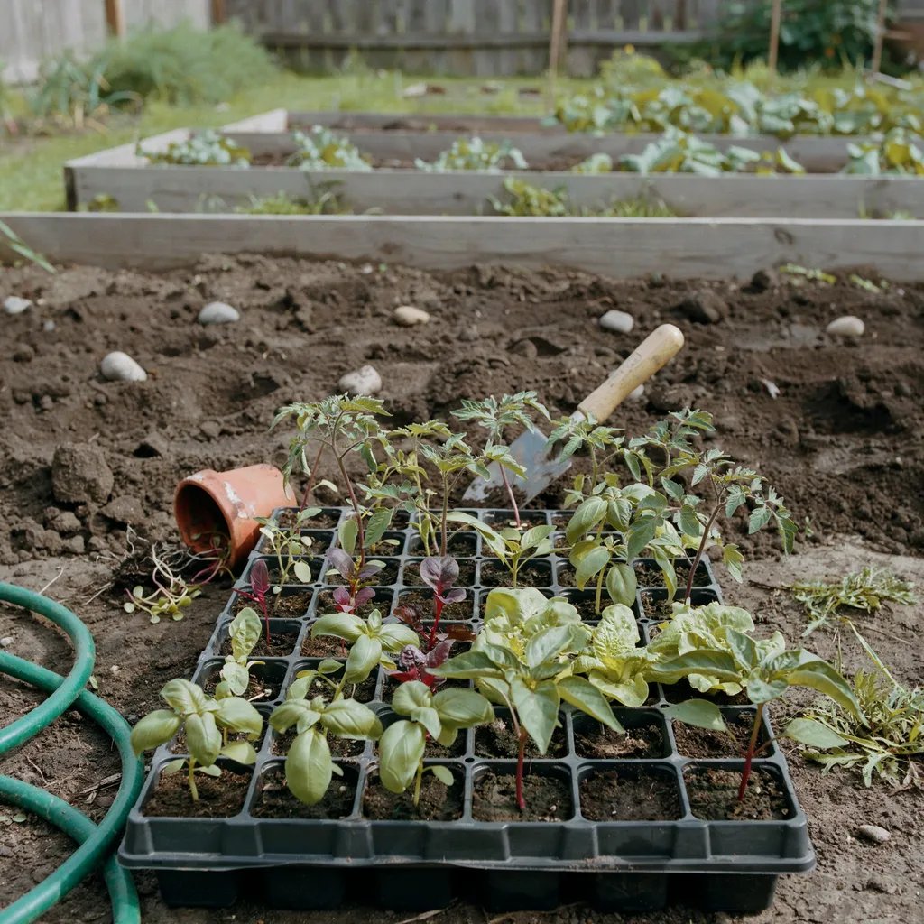 Healthy hardened-off seedlings ready to be transplanted into a garden bed