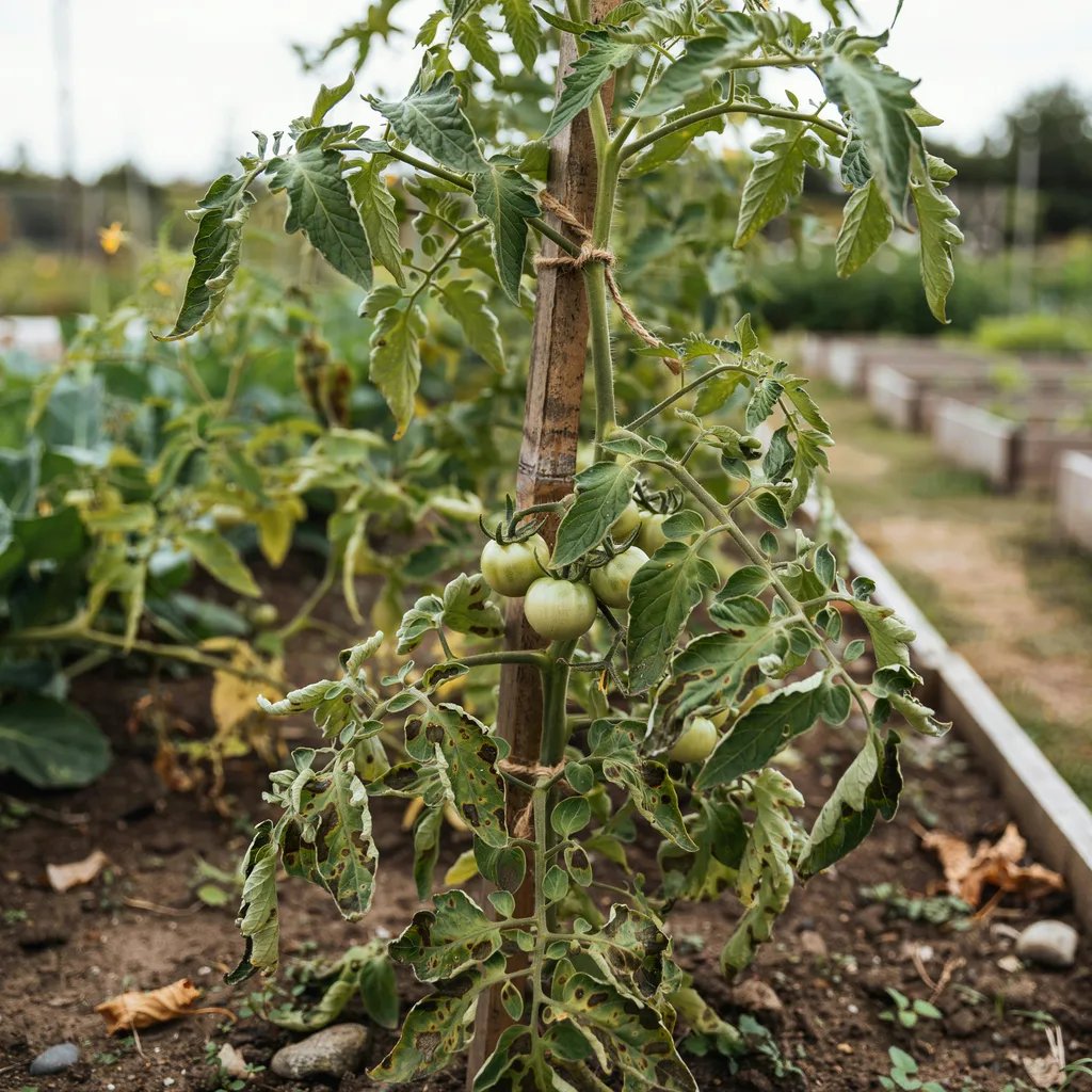 Tomato plant leaves showing early signs of blight damage on the lower leaves