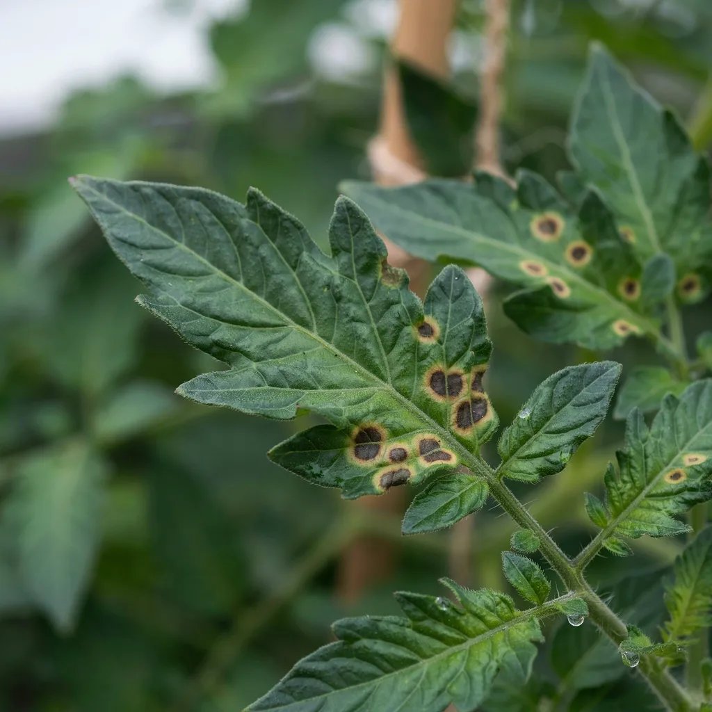 Close-up of tomato leaves with dark concentric-ringed lesions characteristic of early blight