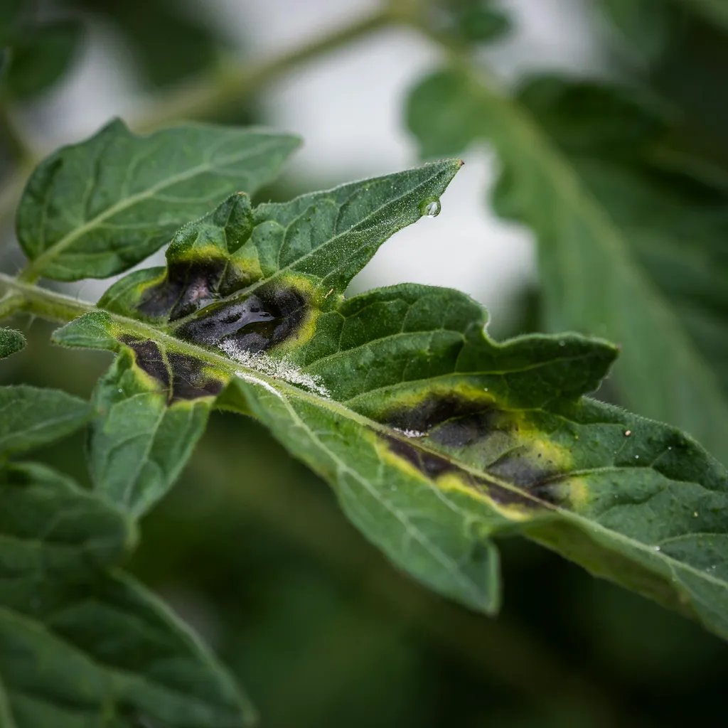 Close-up of tomato leaves with dark water-soaked lesions characteristic of late blight