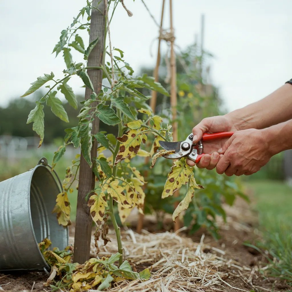 Pruning shears removing affected lower tomato leaves with early blight symptoms