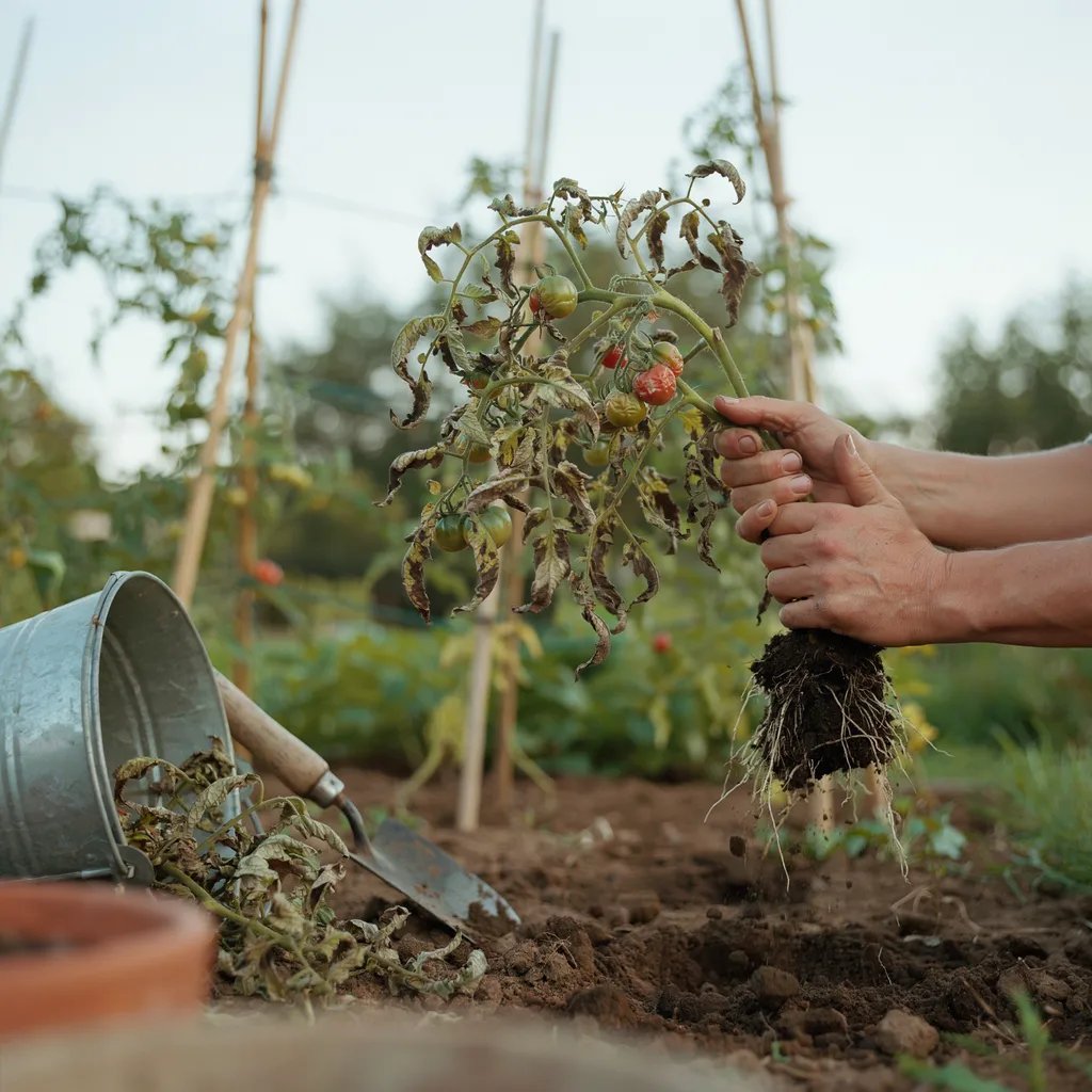 An entire wilted tomato plant being removed from a garden bed due to severe blight