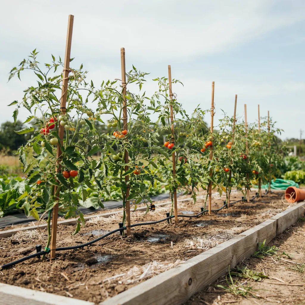 Tomato plants properly spaced in a garden row with drip irrigation tubing at the base