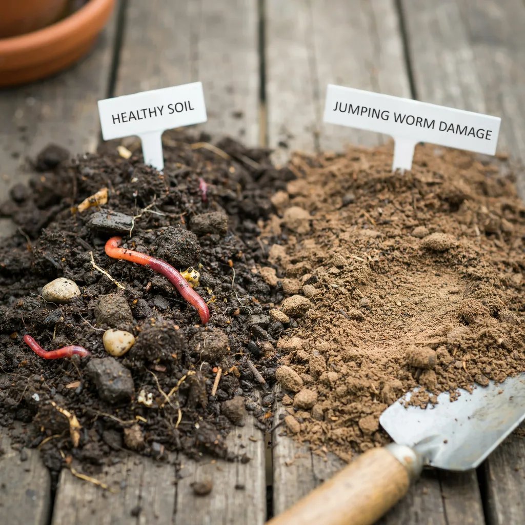 Close-up comparison of healthy structured soil next to loose, grainy coffee-ground textured soil