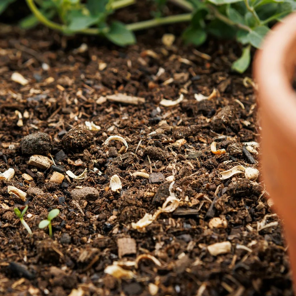 Close-up of loose, grainy, coffee-ground textured soil in a garden bed
