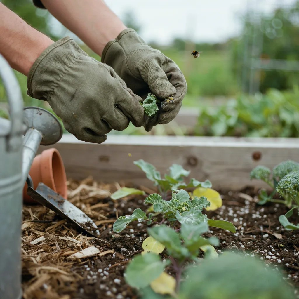 A gardener's gloved hands examining an infested garden bed with concern