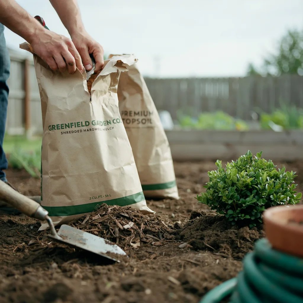 Bagged mulch and soil products being carefully inspected before use in a garden