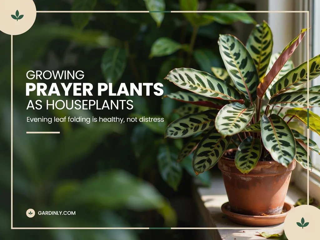 A prayer plant with distinctive patterned foliage, leaves folded upward in evening light response