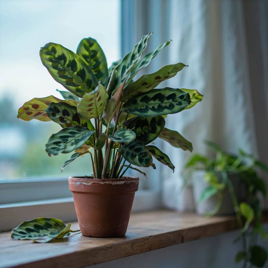 A prayer plant with leaves folded upward in evening light