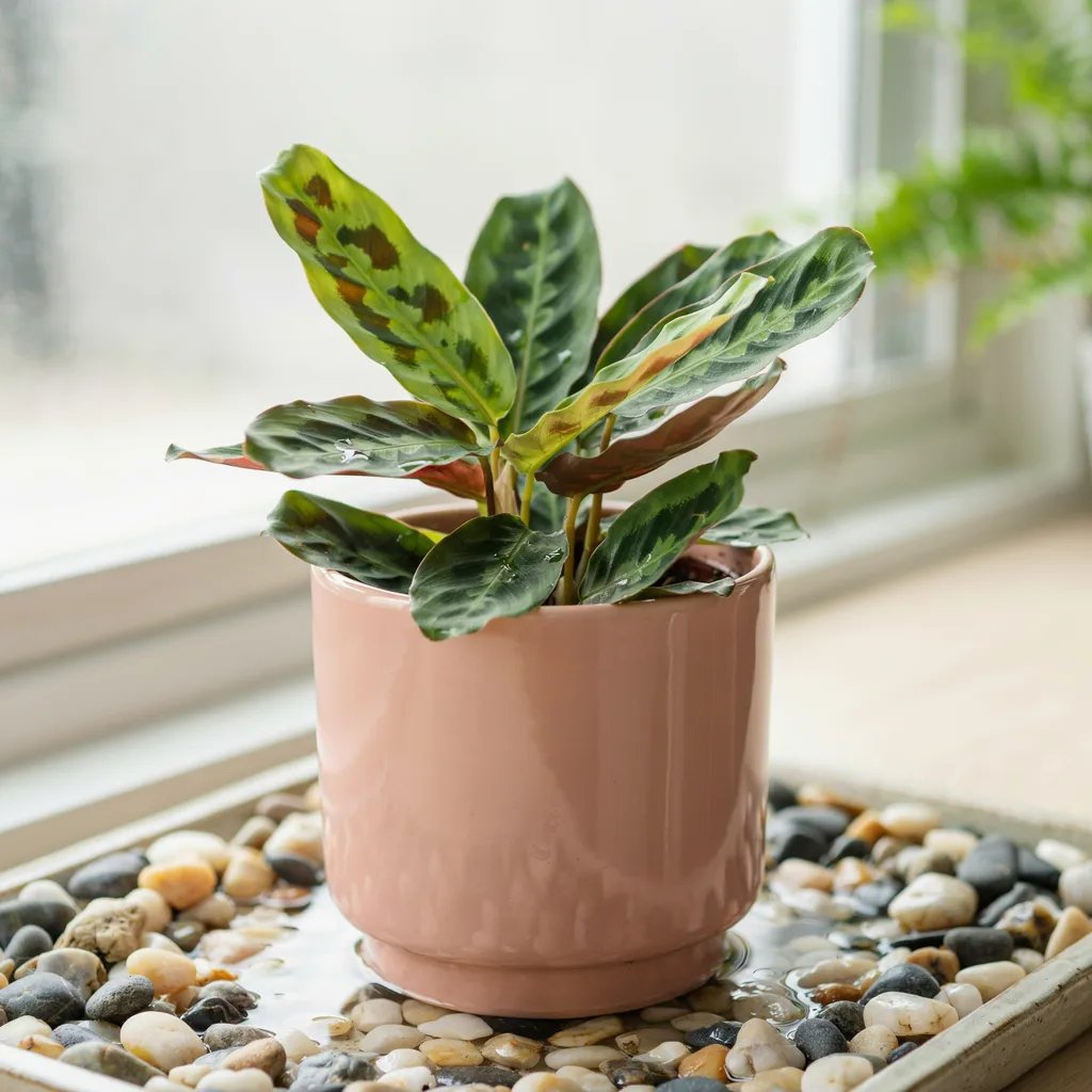 A prayer plant pot sitting on a pebble tray with water underneath