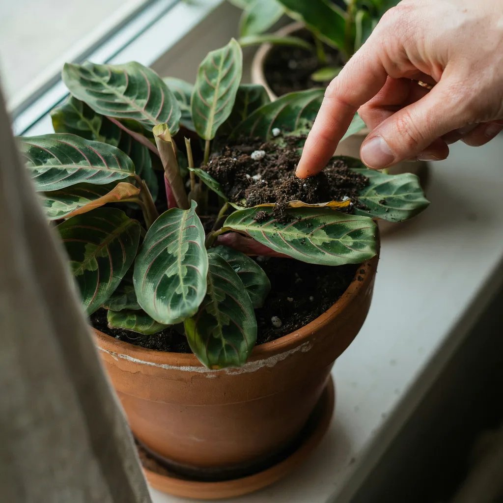 A hand checking soil moisture in a prayer plant pot