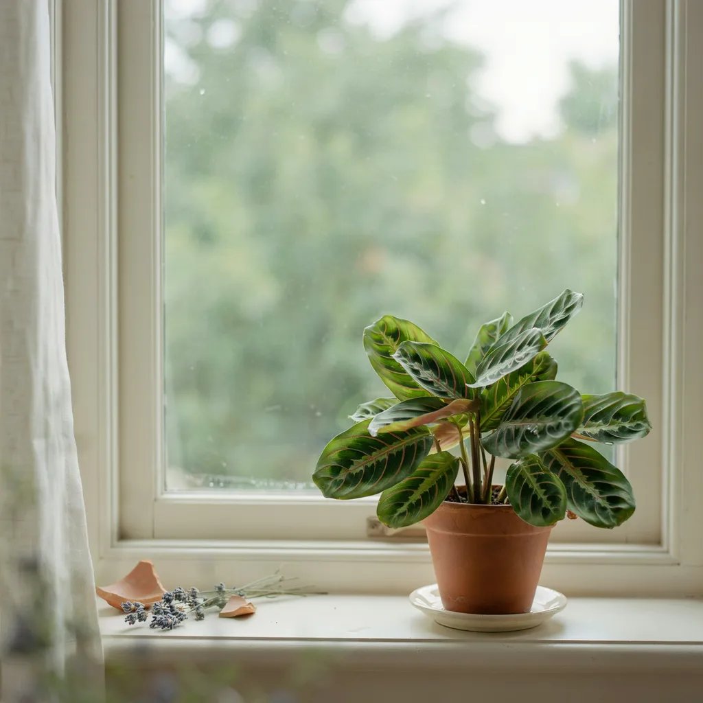 A prayer plant with vivid patterned foliage near a bright window, indirect light