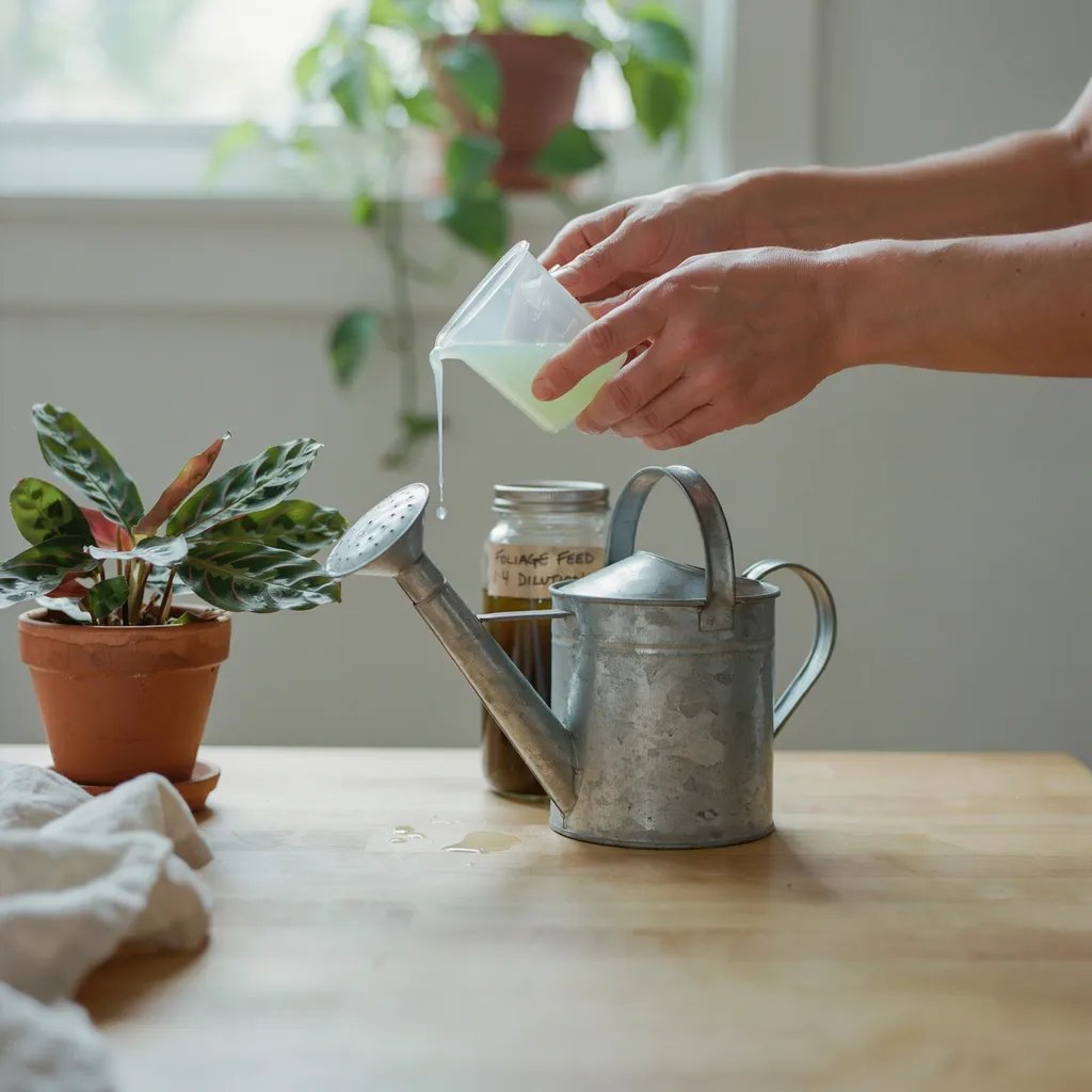 Diluted liquid fertilizer being poured into a watering can near a prayer plant