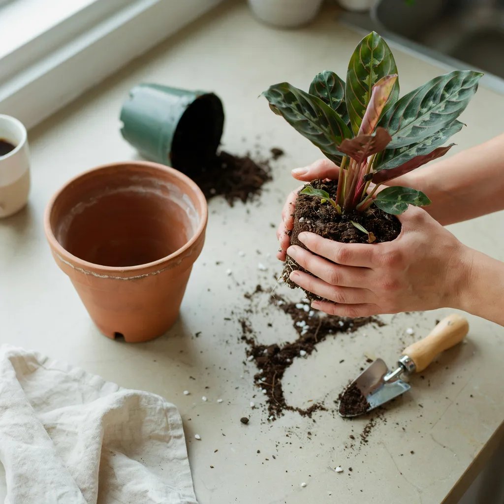 A prayer plant being repotted into a slightly larger terracotta container