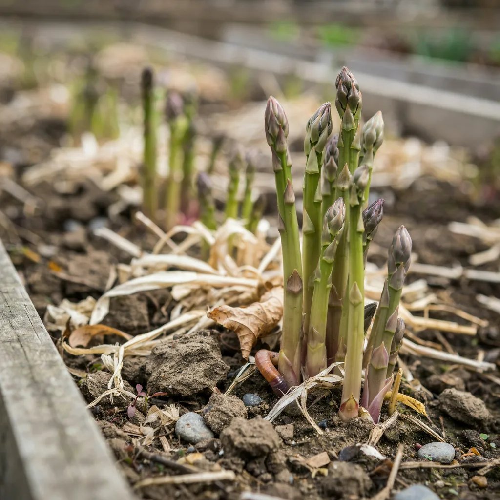Young asparagus spears emerging from soil in a garden bed during establishment