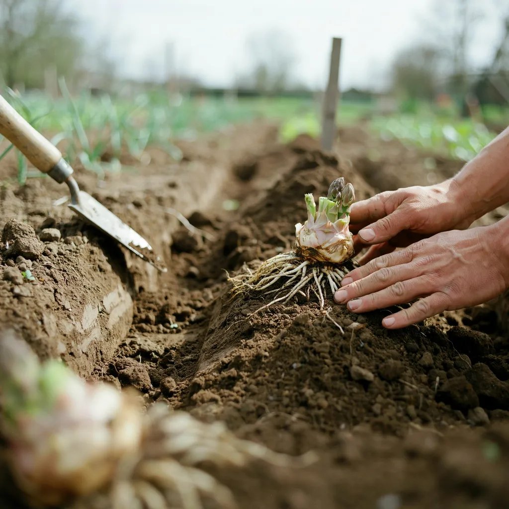 Asparagus crowns being planted in a trench with roots spread over a soil mound